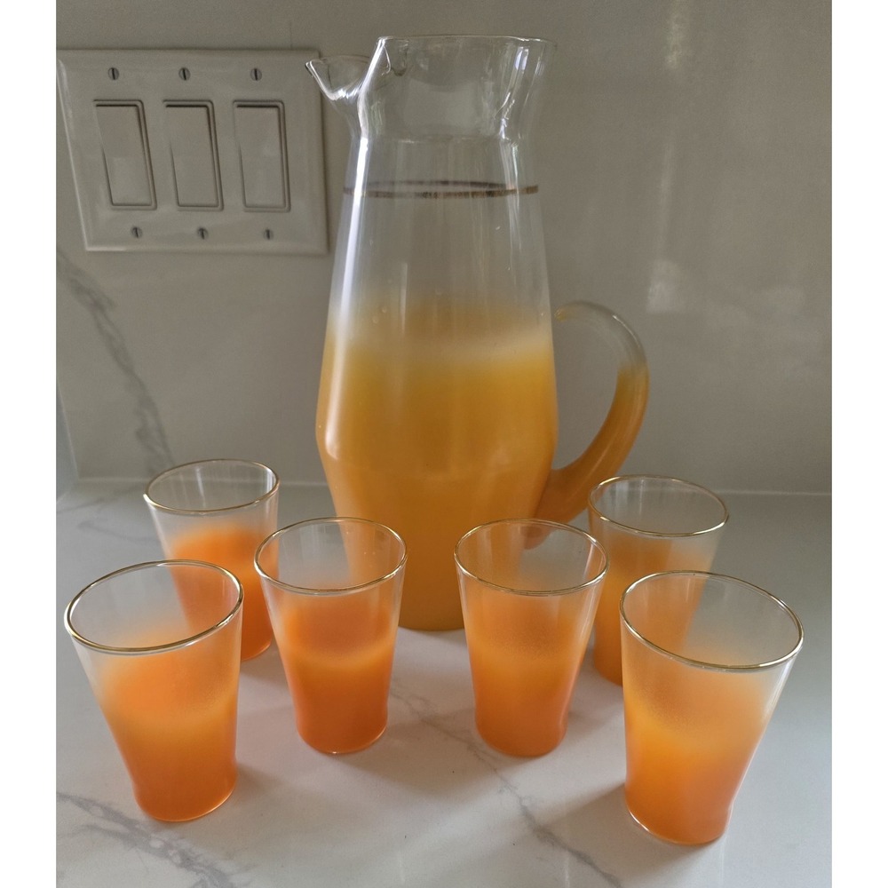 Vintage 50s 60s Blendo Frosted Ombre Orange Pitcher Glasses Gold Rims Set Of 7